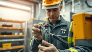 فني يقوم بالكشف عن تسرب الكهرباء